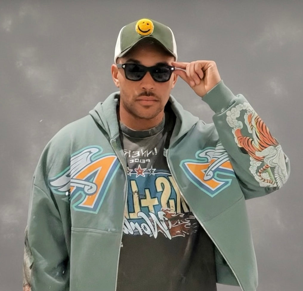 Luxury Hoodies featuring a unique tiger and angel design on a gray background.