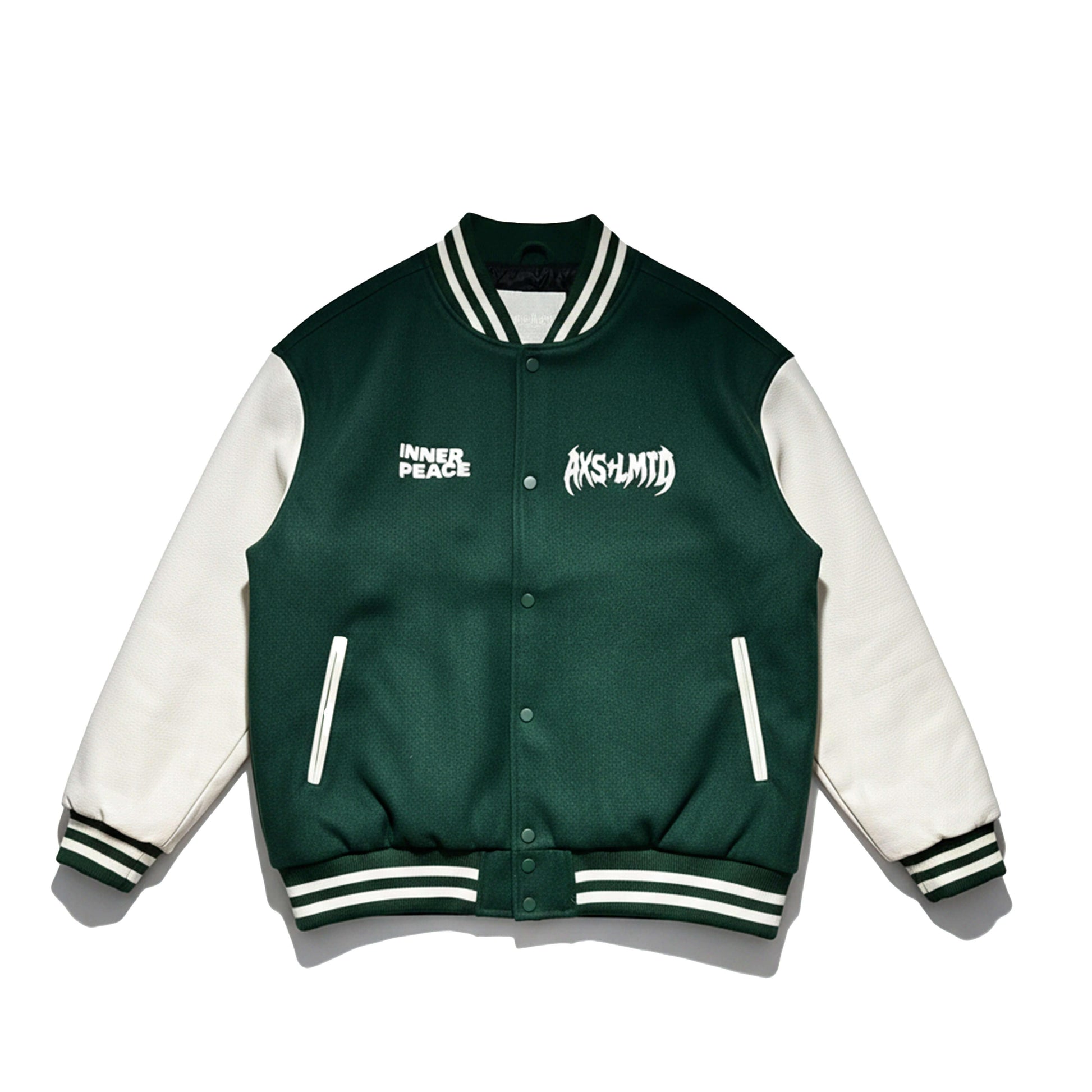 Inner Peace Green Varsity Jacket featuring deep forest green wool-blend and off-white faux leather sleeves.