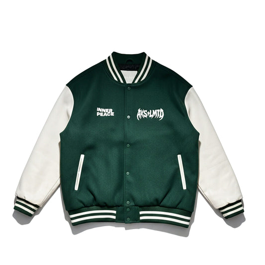 Inner Peace Green Varsity Jacket featuring deep forest green wool-blend and off-white faux leather sleeves.